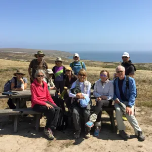 Santa Rosa Island Trip, Group (from left to right) Back: Diana Blanchard, Steve Junak, Aim Morhardt, Lora Clark, Sia Morhardt, Philip Clark, Richard Ward. Front: Nancy Deacon-Davis, Paulette Posch, Linda Ward, Arthur Posch