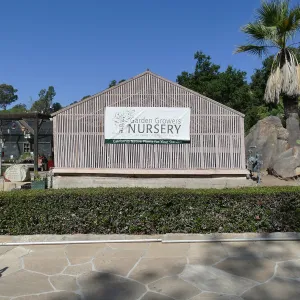 Garden Growers Lath House before start of repairs, looking west from Courtyard