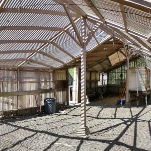 Garden Growers Lath House before start of repairs. Panarama of interior from northeast corner.