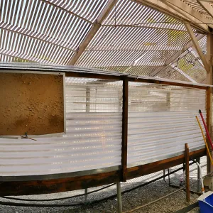 Garden Growers Lath House before start of repairs. Panarama of interior from southwestst corner.
