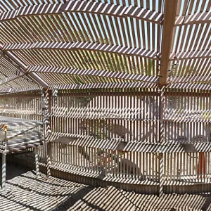 Garden Growers Lath House before start of repairs. Panorama from center of interior.
