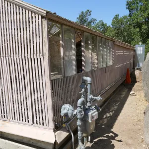Garden Growers Lath House before start of repairs. Exterior looking southwest.