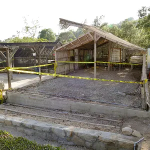 Garden Growers Lath House during repairs. looking southwest from Courtyard