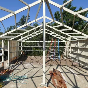 Garden Growers Lath House during repairs, looking west across interior