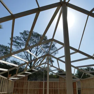Garden Growers Lath House during repairs, roof structure looking east across interior