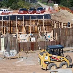Pritzlaff Conservation Center construction, basement wall concrete forms, looking northeast