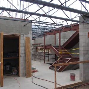 Pritzlaff Conservation Center Construction, elevator shaft and stairway, looking northeast