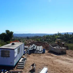 Pritzlaff Conservation Center construction, construction trailer and materials at south end of site