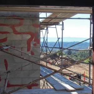 Pritzlaff Conservation Center construction, looking sounth across main entrance from second floor window opening