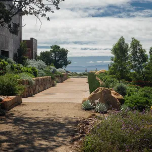 Pritzlaff Conservation Center front walkway and Island View Garden