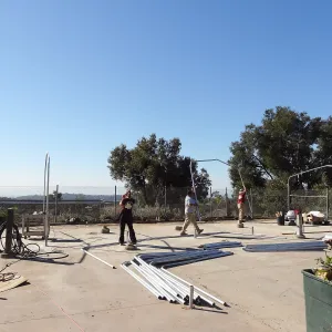 Construction at the Hort Unit, SBBG staff install the new shade structure, Heather Wehnau, Dave Kershaw, James Lechuga