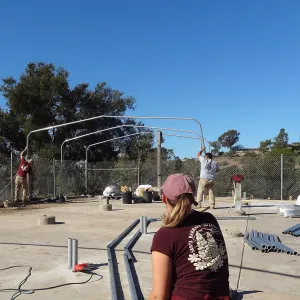 Construction at the Hort Unit, SBBG staff install the new shade structure, Heather Wehnau, Dave Kershaw, James Lechuga