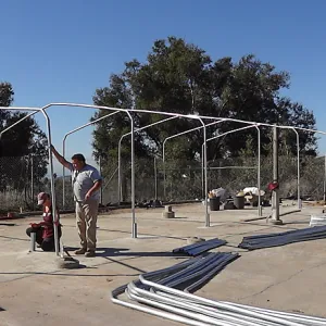 Construction at the Hort Unit, SBBG staff install the new shade structure, Heather Wehnau, Dave Kershaw, James Lechuga