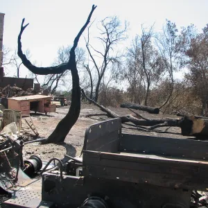 Burned Garden equipment at Gane House after Jesusita Fire