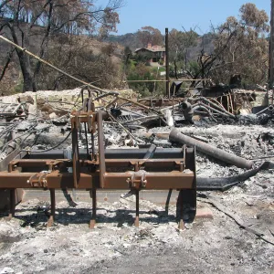 Burned Garden equipment at Gane House after Jesusita Fire