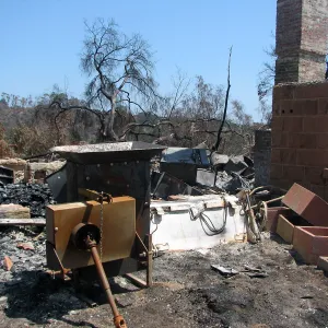 Burned Garden equipment at Gane House after Jesusita Fire