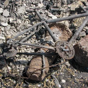 Burned bicycle at Gane House site after Jesusita Fire