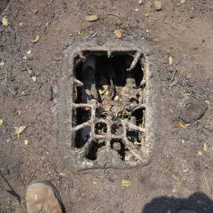 Burned valve box in Desert Section after Jesusita Fire