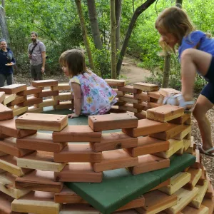 Santa Barbara Botanic Garden Casitas Opening, children playing on â€œThe Hivesâ€ Casita
