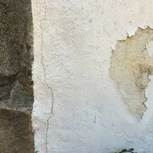 Peeling paint on front wall of Blaksley Library