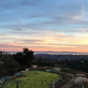 View to islands from Island View Garden at sunset