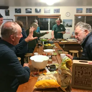 Dennis Houghton and John Kuizenga in foreground, Shared dinner, Santa Rosa Island Research Station Lodge Kitchen