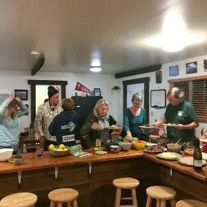 Shared dinner, Santa Rosa Island Research Station Lodge Kitchen