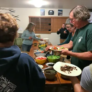 Shared dinner, Santa Rosa Island Research Station Lodge Kitchen
