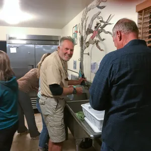 Shared dinner clean up, Santa Rosa Island Research Station Lodge Kitchen