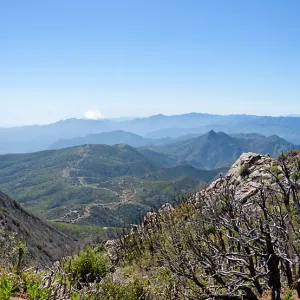 Panorama looking west towards Chief Peak taken from unnamed peak just west of Red reef/Last chance trail fork, above Topa Topa bluff, Unnamed peak near foot path/Red reef trail east of Nordhoff Ridge Road, Ojai, CA, Thomas Fire Survey - Mapping Recovery p
