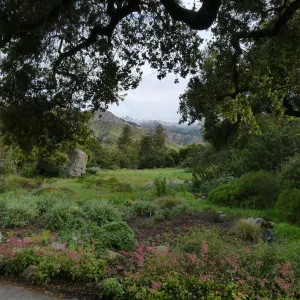 Entrance display with vista to snow-dusted Santa Ynez Mountains