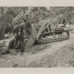 Grounds work, moving a tree with tractor, 1958
