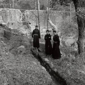 Friars (padres) at Mission Dam, before 1940s, stone Aqueduct, SBBG