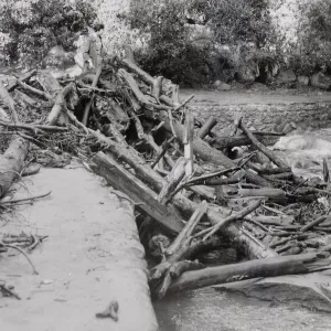 Logs behind the Dam, January 1969 flood