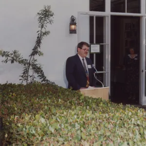 Ed Schneider speaking in front of Blaksley Library, Blaksley Library's 50th Anniversary Celebration