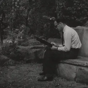 Visitor on Campbell Bench, SBBG, stone bench