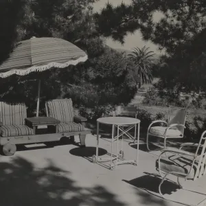 Cozy Nook, garden patio with furniture, residence of Mrs. John W. Stewart in Hope Ranch