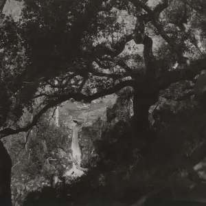 view of waterfall over Mission Dam, circa 1942