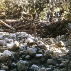 flood debris collected behind Mission Dam, Spring 1973
