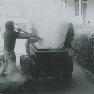 Blaksley Library, mixing tar to re-roof the West Wing annex