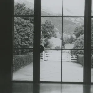 mountain view through the front windows of the Balskley Library