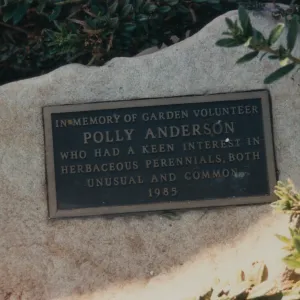 Polly Anderson plaque, 1985, Perennial Bed at Horticulture Unit