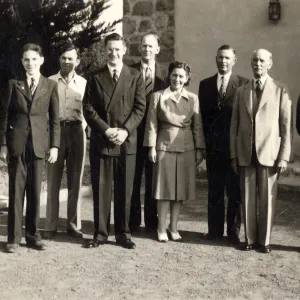 Staff Group Photo - garden party for employees - left to right: Dudley Buck, Alfred Steinart, John Tucker, Holgar Finderup, Mrs. Hannason, M Van Rensselaer