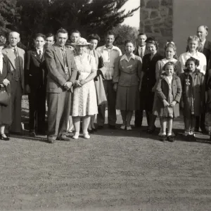 Staff Group Photo - left to right: Mr. & Mrs Doyle (long time helper); 4th from left - Stuart (lath house, green house foreman, lived here); 9th from left - secretary Betty Cross Norland; 11th from left - secretary; 12th from left - Van R; right -John Ba