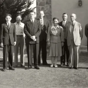 Staff Group Photo - garden party for employees - left to right: Dudley Buck, Alfred Steinart, John Tucker, Holgar Finderup, Mrs. Hannason, M Van Rensselaer