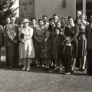 Staff Group Photo- left to right: Mr. & Mrs Doyle (long time helper); 4th from left - Stuart (lath house, green house foreman, lived here); 9th from left - secretary Betty Cross Norland; 11th from left - secretary; 12th from left - Van R; right -John Bart
