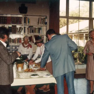 Board Members: Woman head of table: Mrs. Robert Jones. To her left: Mrs. Preston Webster. Man w/back to camera: Mr. Whitney Newland. Woman on far right: Mrs. Patsy Eaton. Man on far right: G. Vaughan Parker. Man on left side: R. N. Philbrick.