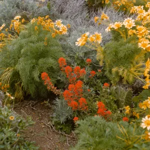 Several bushy plants with narrow, bright green leaves laden with yellow flowers surround a smaller plant bearing clusters of orange flowers. 