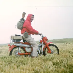 George Kritzman on motorcycle, San Miguel Island