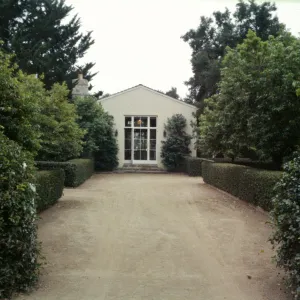 Library Courtyard with hedges and tall trees